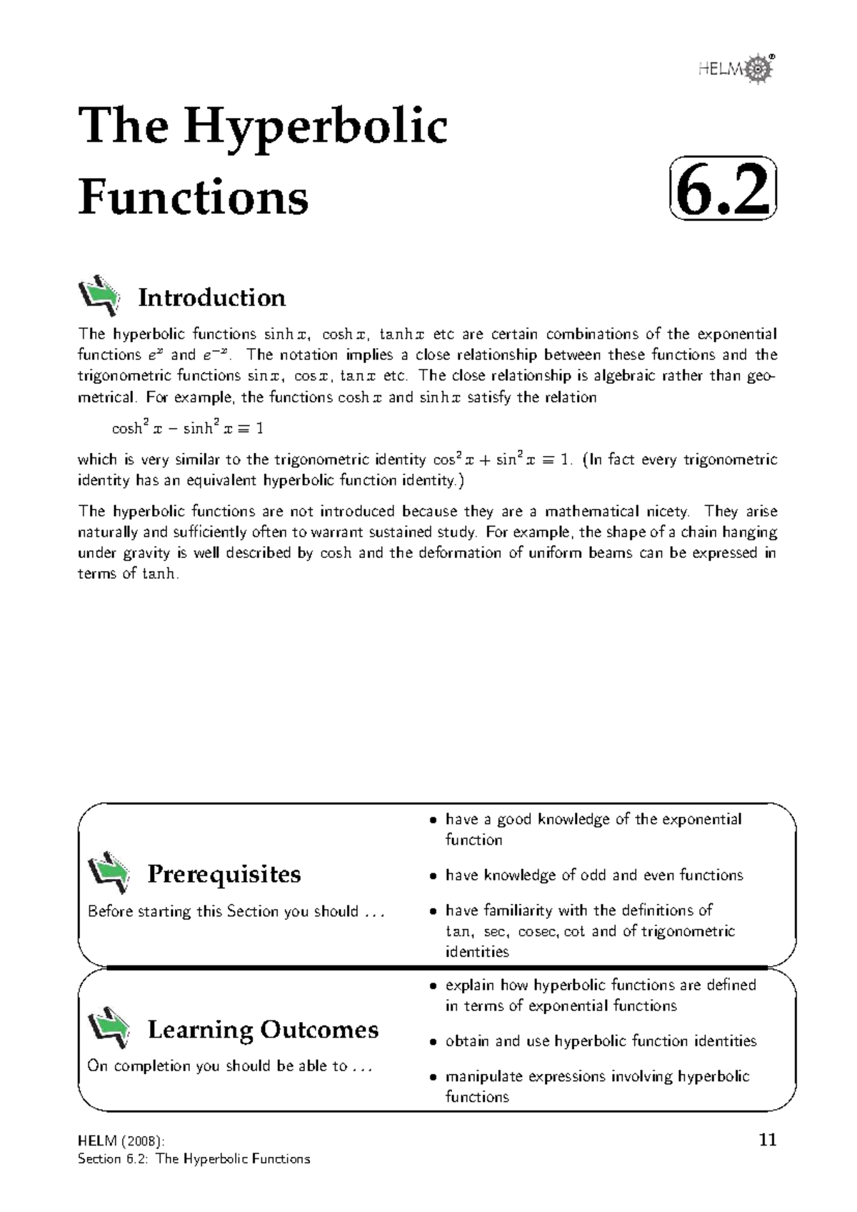 HELM 6.2: Understanding Hyperbolic Functions and Their Identities - Studocu