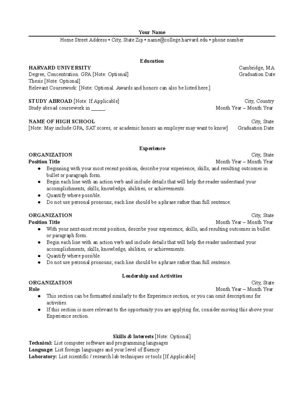 MAKE A COPY OF THE DOC - Harvard CV Template - Your Name Home Street ...