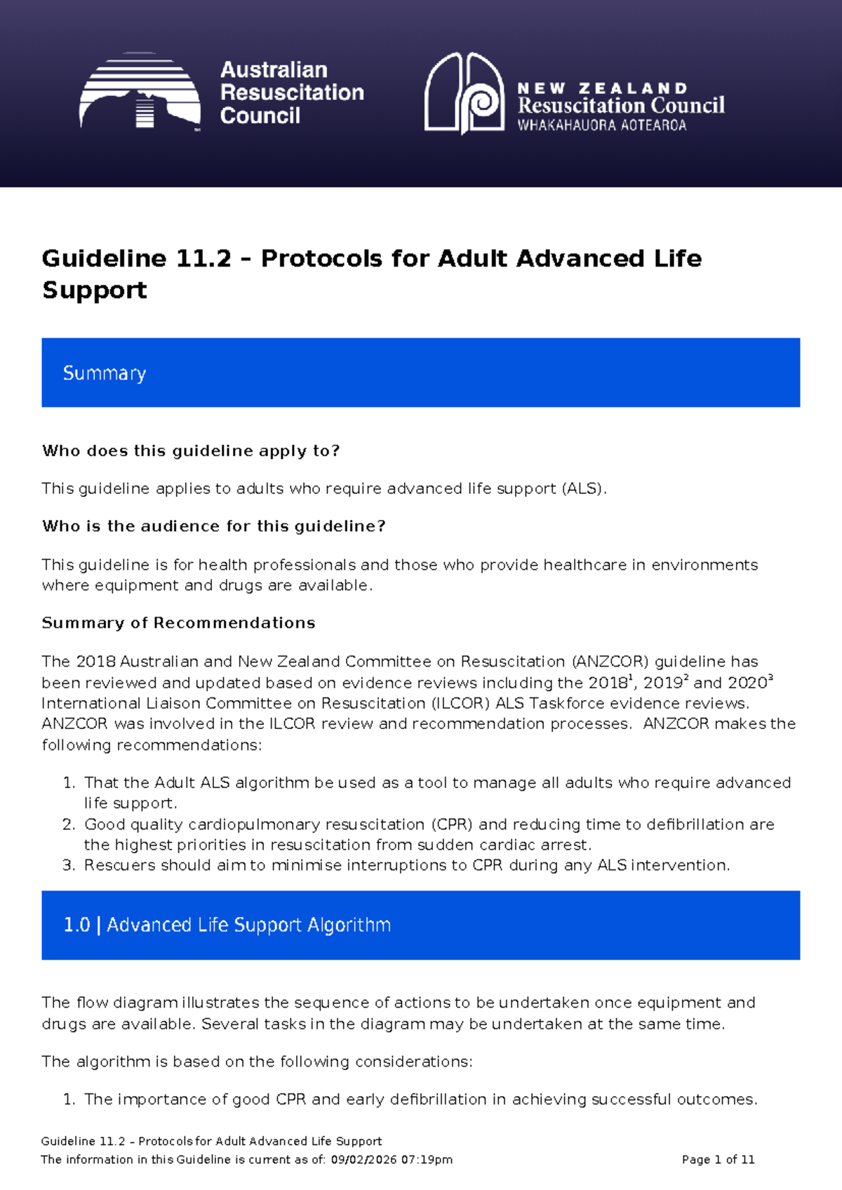 Guideline 11.2: Adult Advanced Life Support Protocols Summary - Studocu