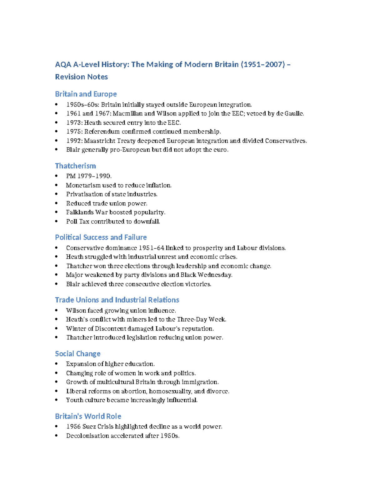 AQA A Level History: Modern Britain Revision Notes - Studocu