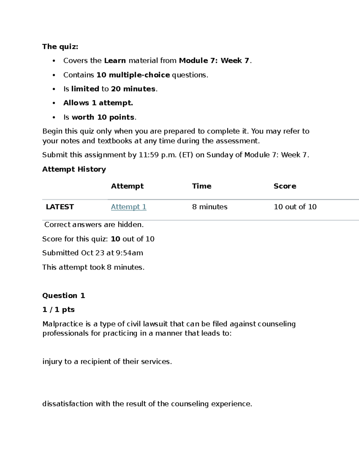Malpractice Quiz (COUC501): Module 7 Assessment Overview - Studocu