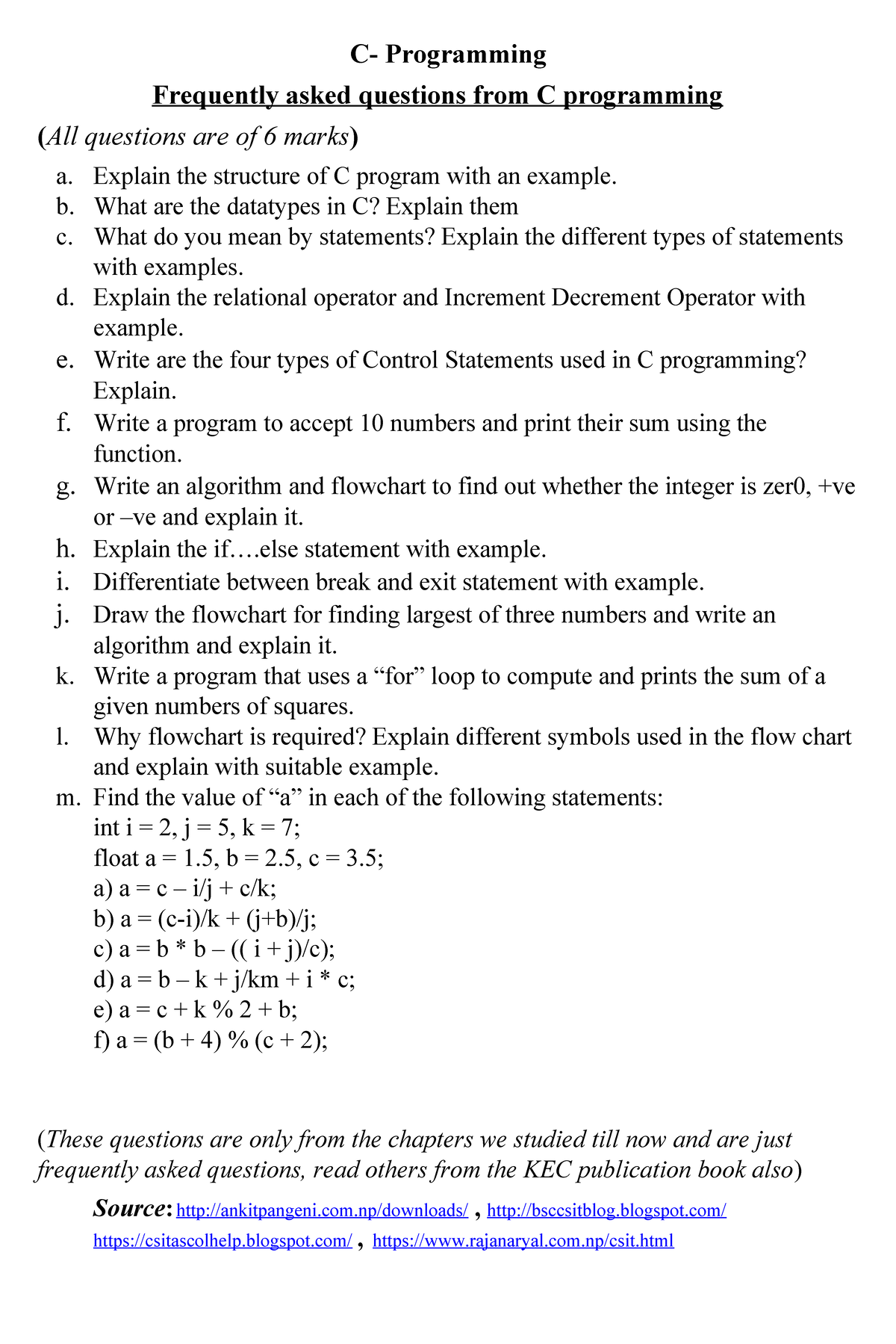 C Programming FAQs: Key Concepts and Examples for 6 Marks - Studocu
