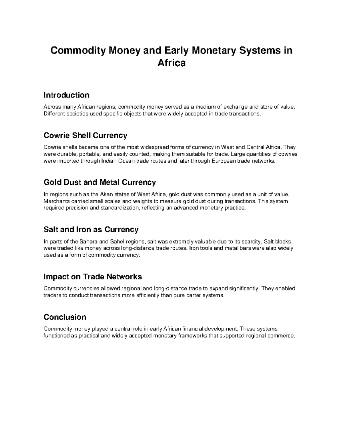 Commodity Money & Early Monetary Systems in Africa - Doc2 - Studocu