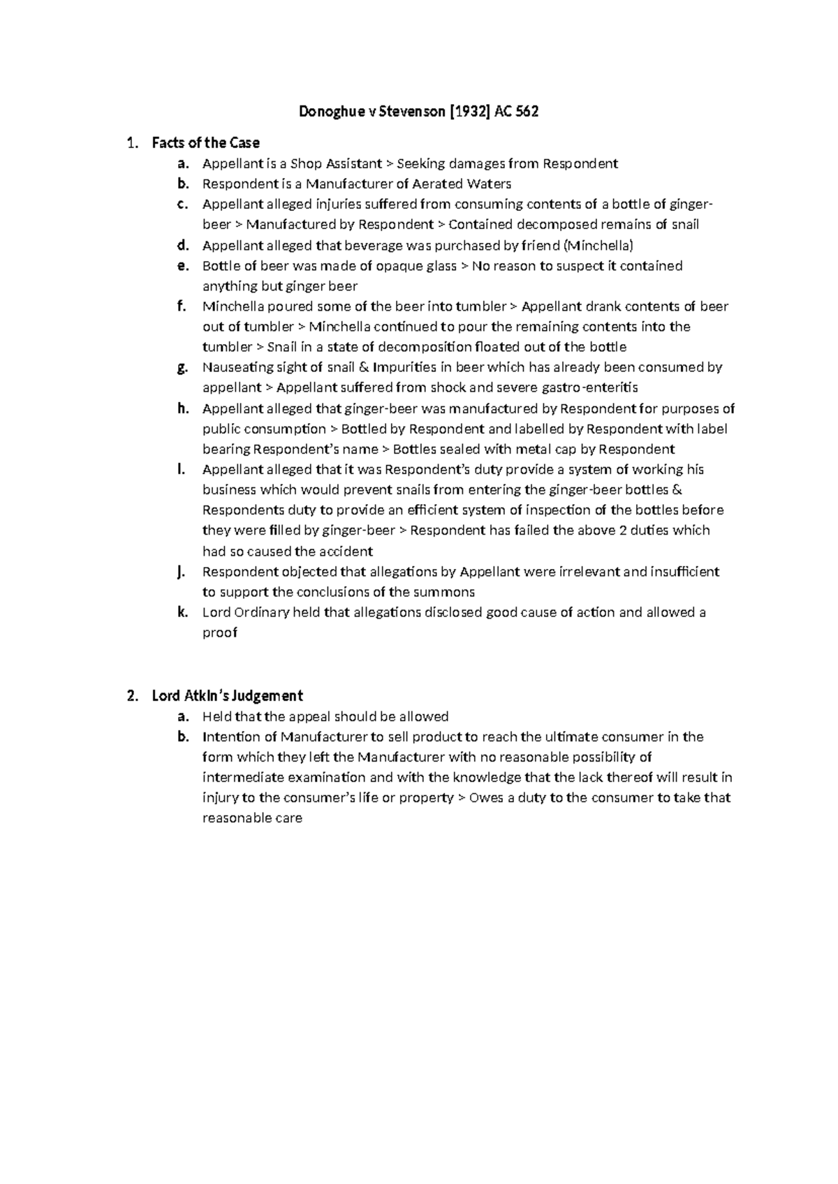 Donoghue v Stevenson [1932] AC 562 Research Notes - Donoghue v ...