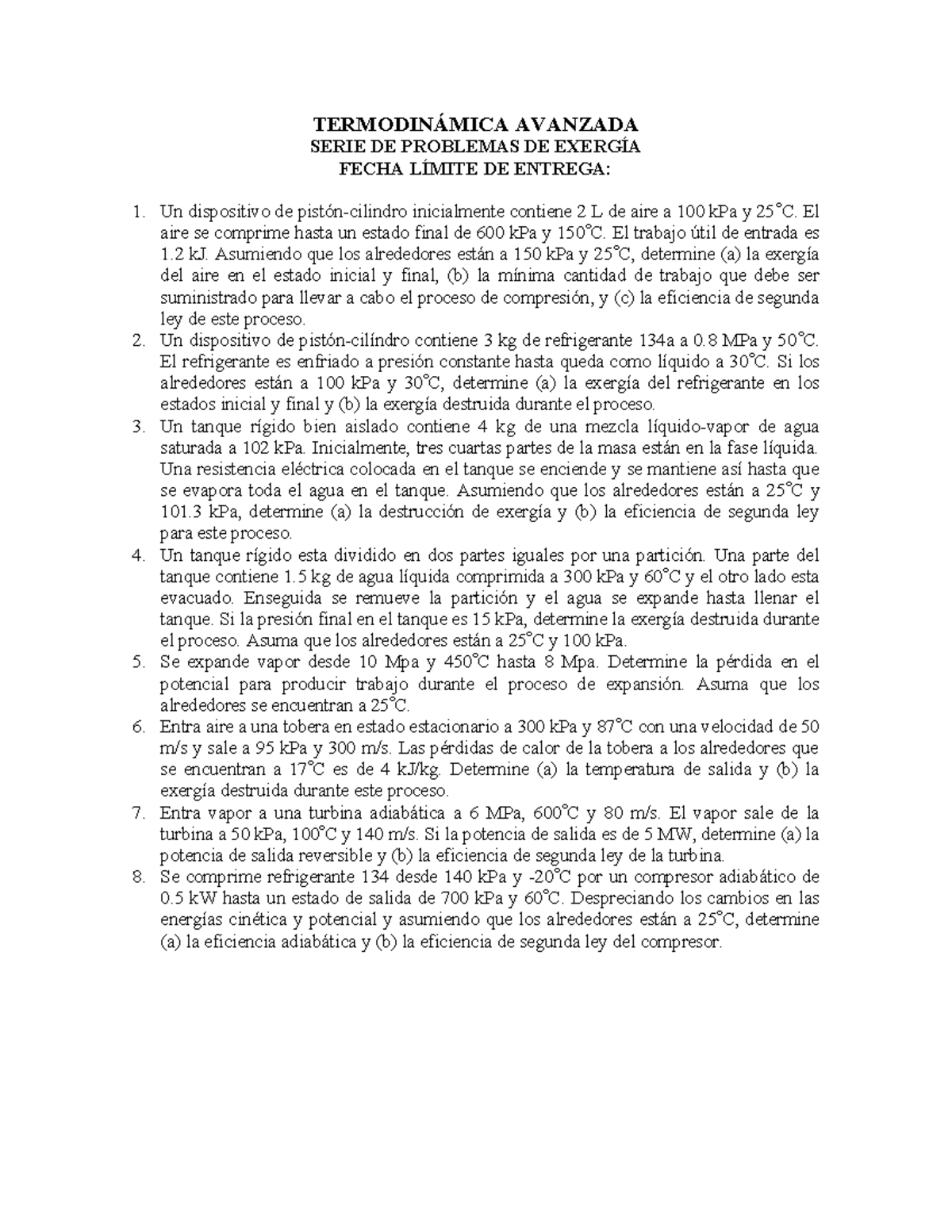 Problemas de Exergía en Termodinámica Avanzada - SERIE DE PROBLEMAS - Document Preview