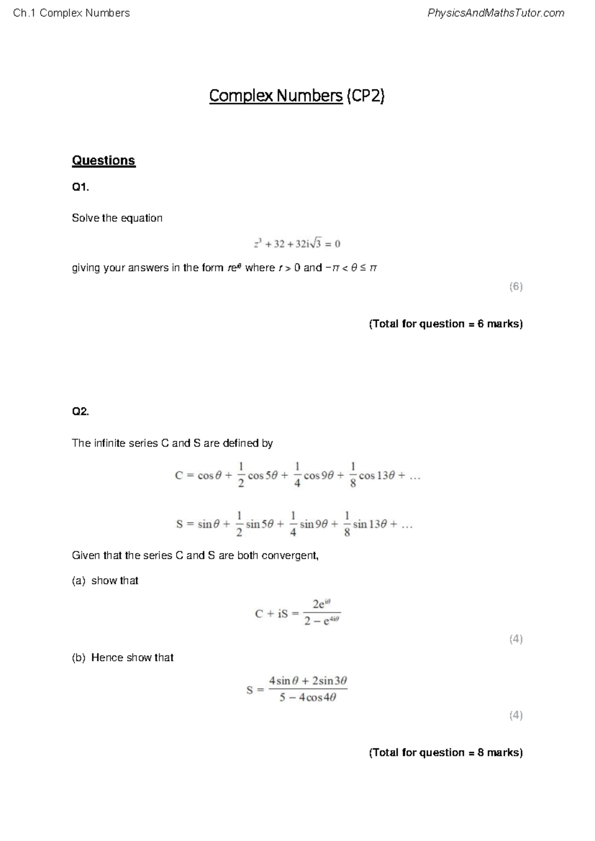 Ch.1 complex numbers exercises (CP2) with solutions and explanations ...