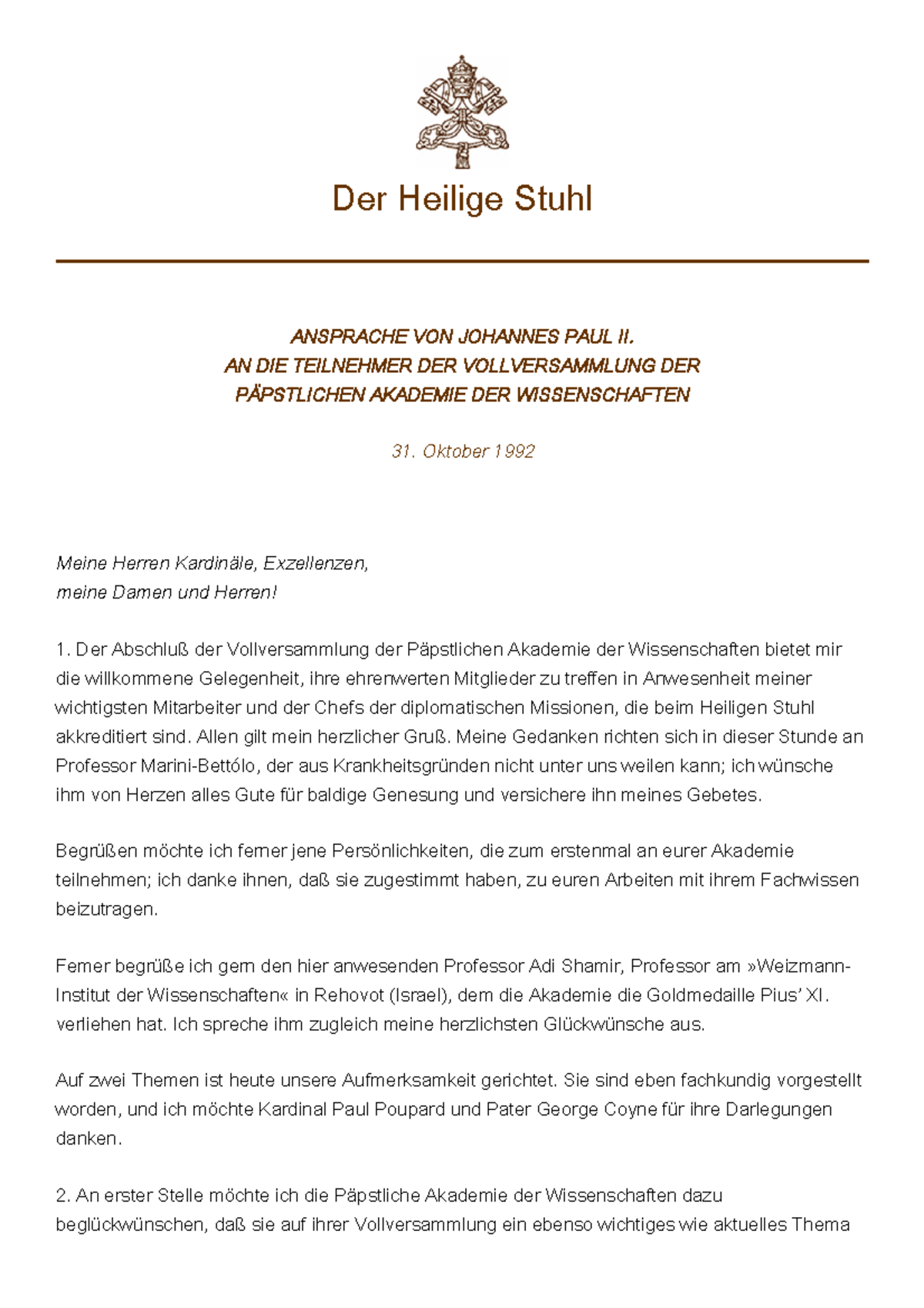 Hf JP-II Ansprache an die Päpstliche Akademie der Wissenschaften, 31.10 ...