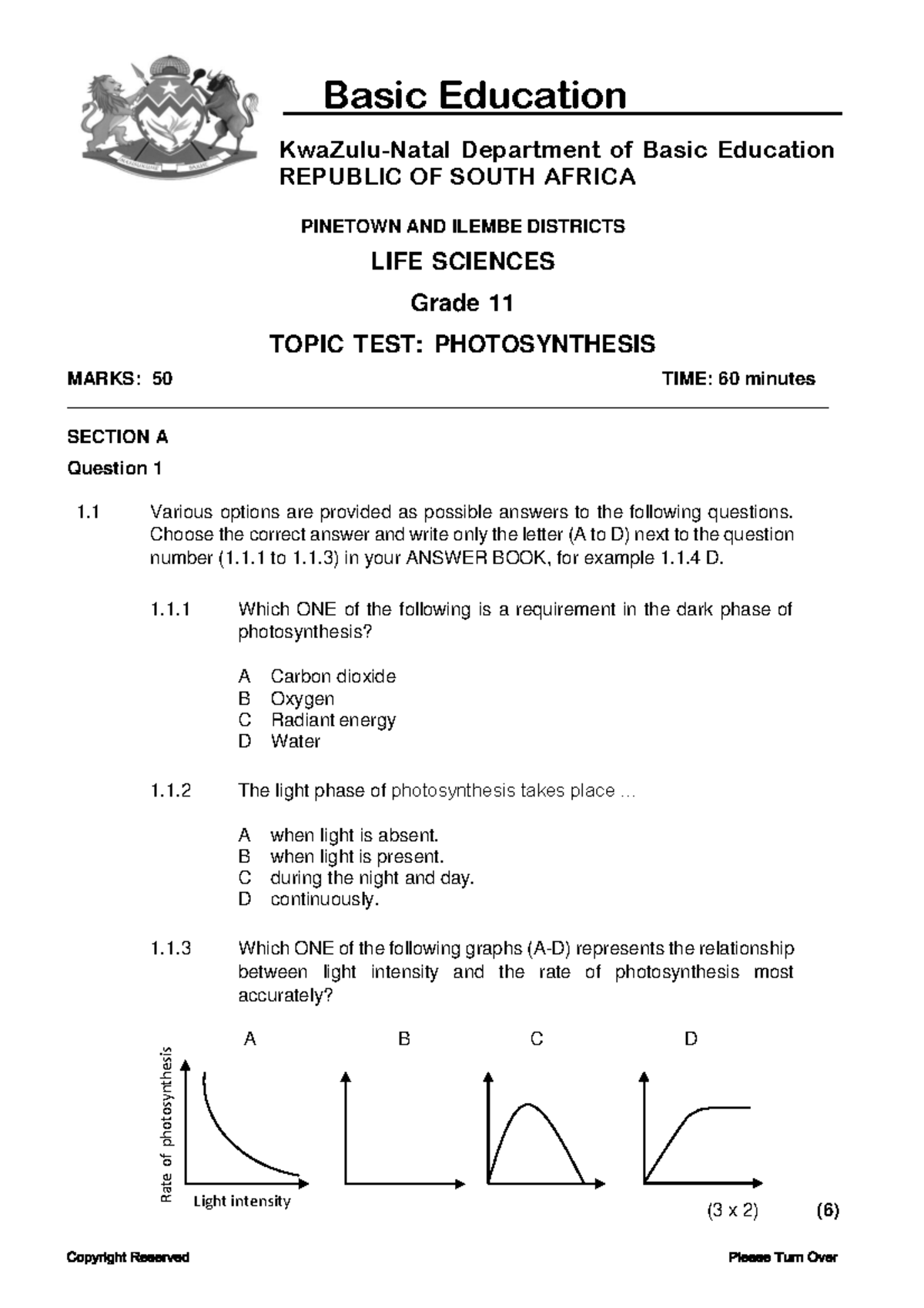 Grade 11 Life Sciences Topic Test: Photosynthesis (Term Test) - Studocu