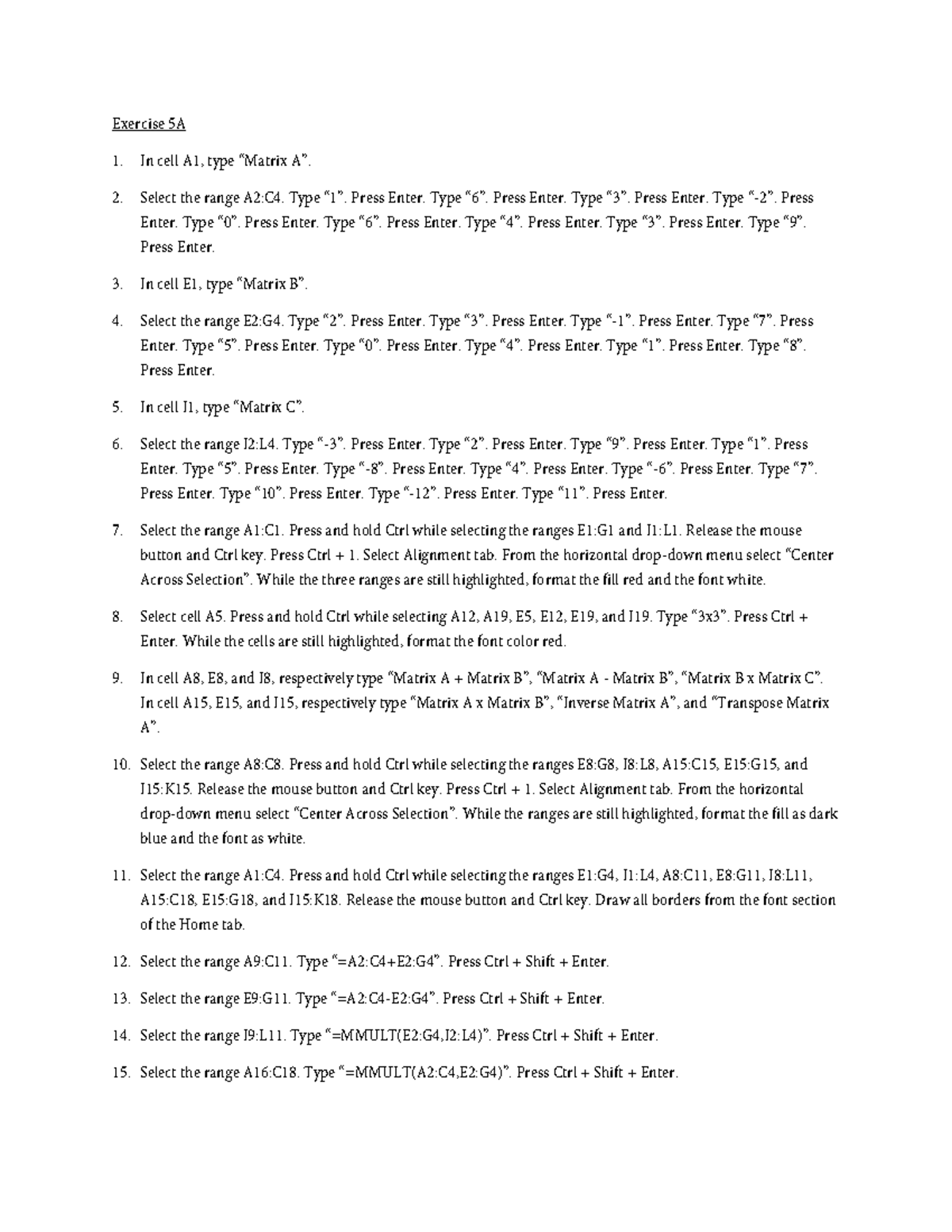 EEP 283 - Exercise 05A: Matrix Operations and Formatting Steps - Studocu