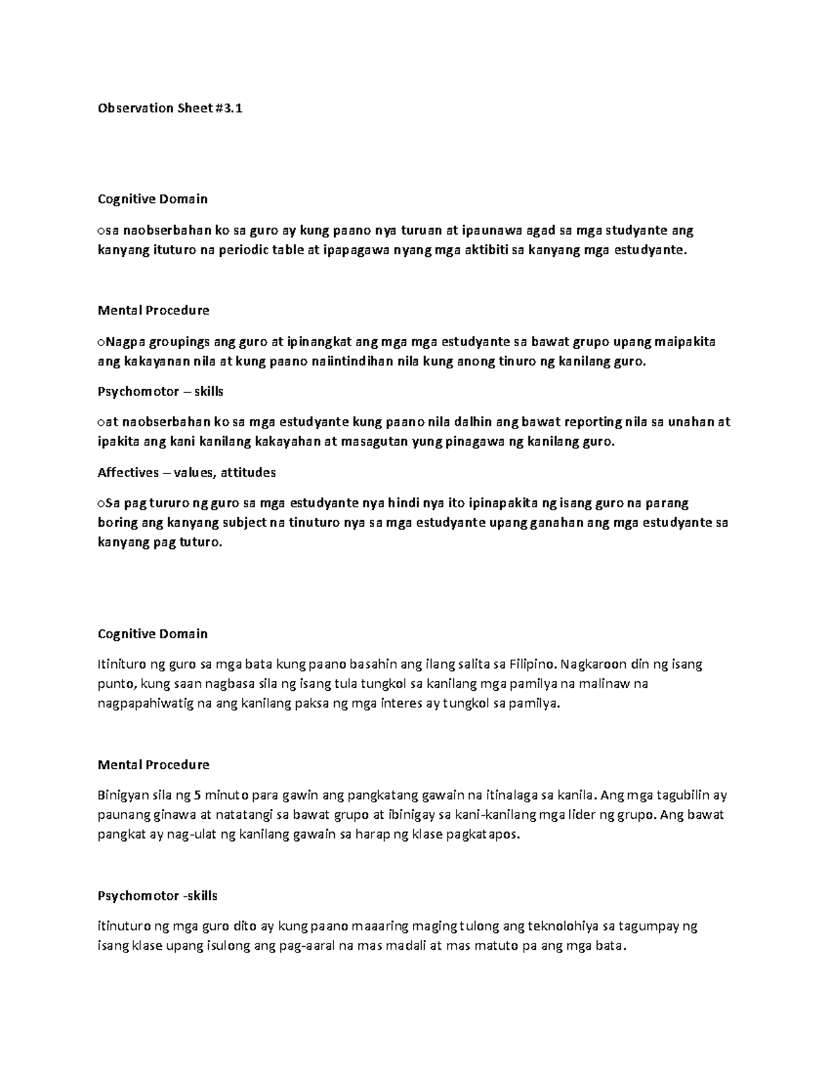 Field-Study-2 - Observation Sheet #3. Cognitive Domain sa naobserbahan ...