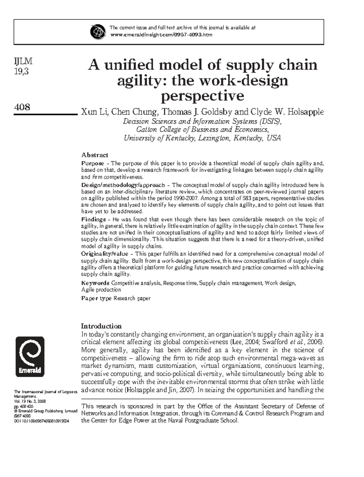 A Unified Model of Supply Chain Agility: Insights from IJLM 19,3 - Studocu