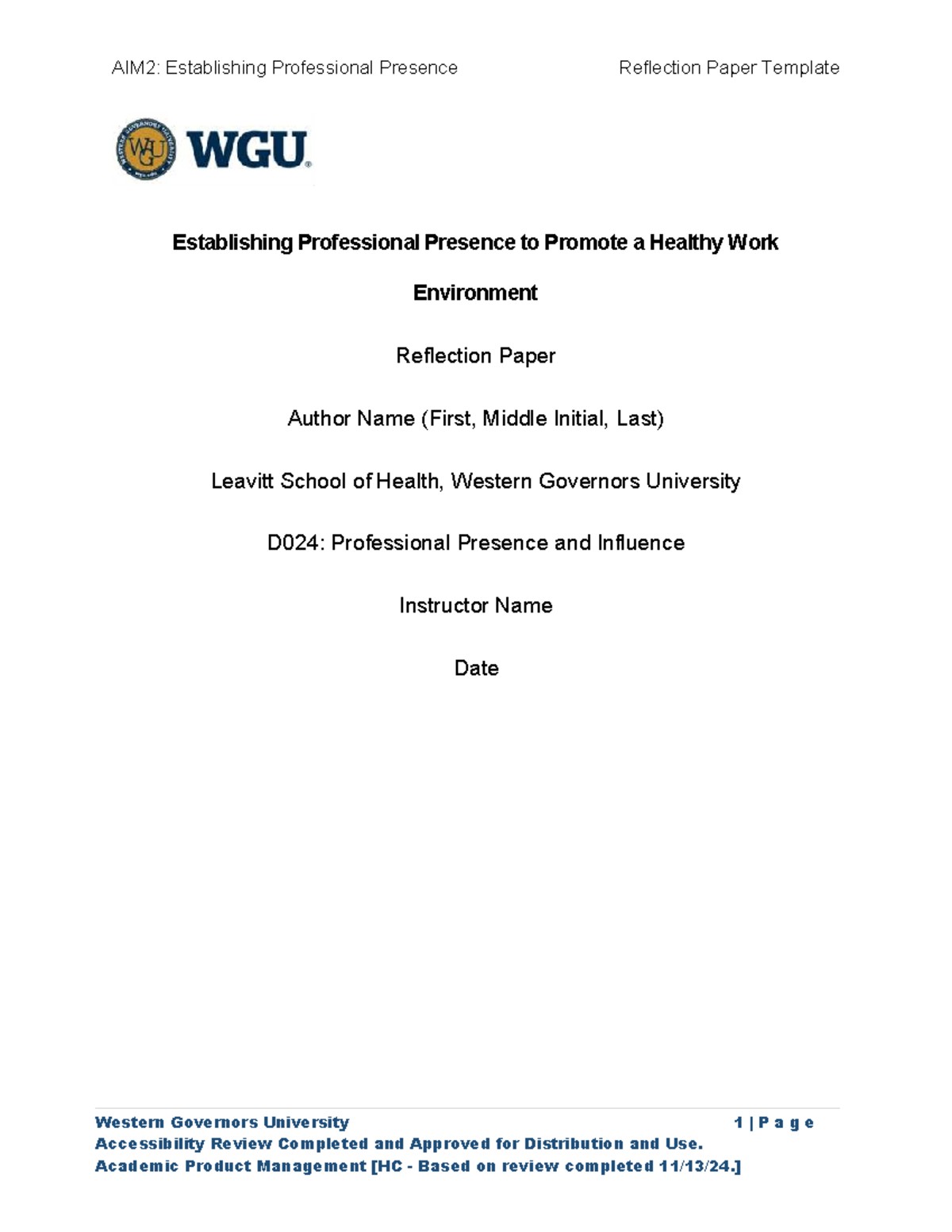 AIM2: Reflection Paper Template on Professional Presence in Healthcare ...