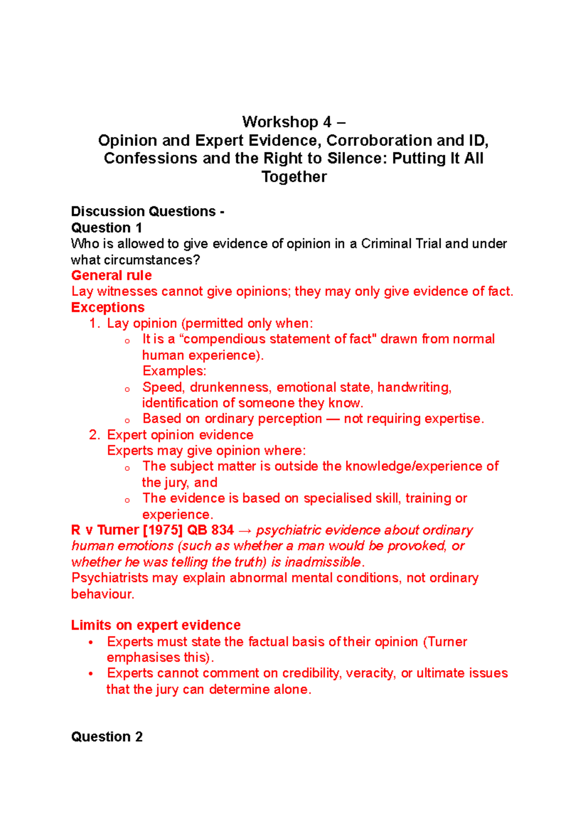 CE - Workshop 4 - Opinion Evidence, Confessions & Right to Silence ...