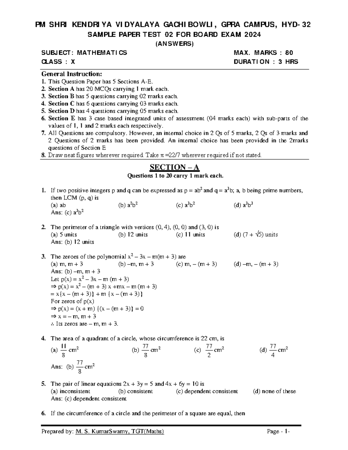 Maths Class X Sample Paper Test 02 for Board Exam 2024 - Answers - Studocu