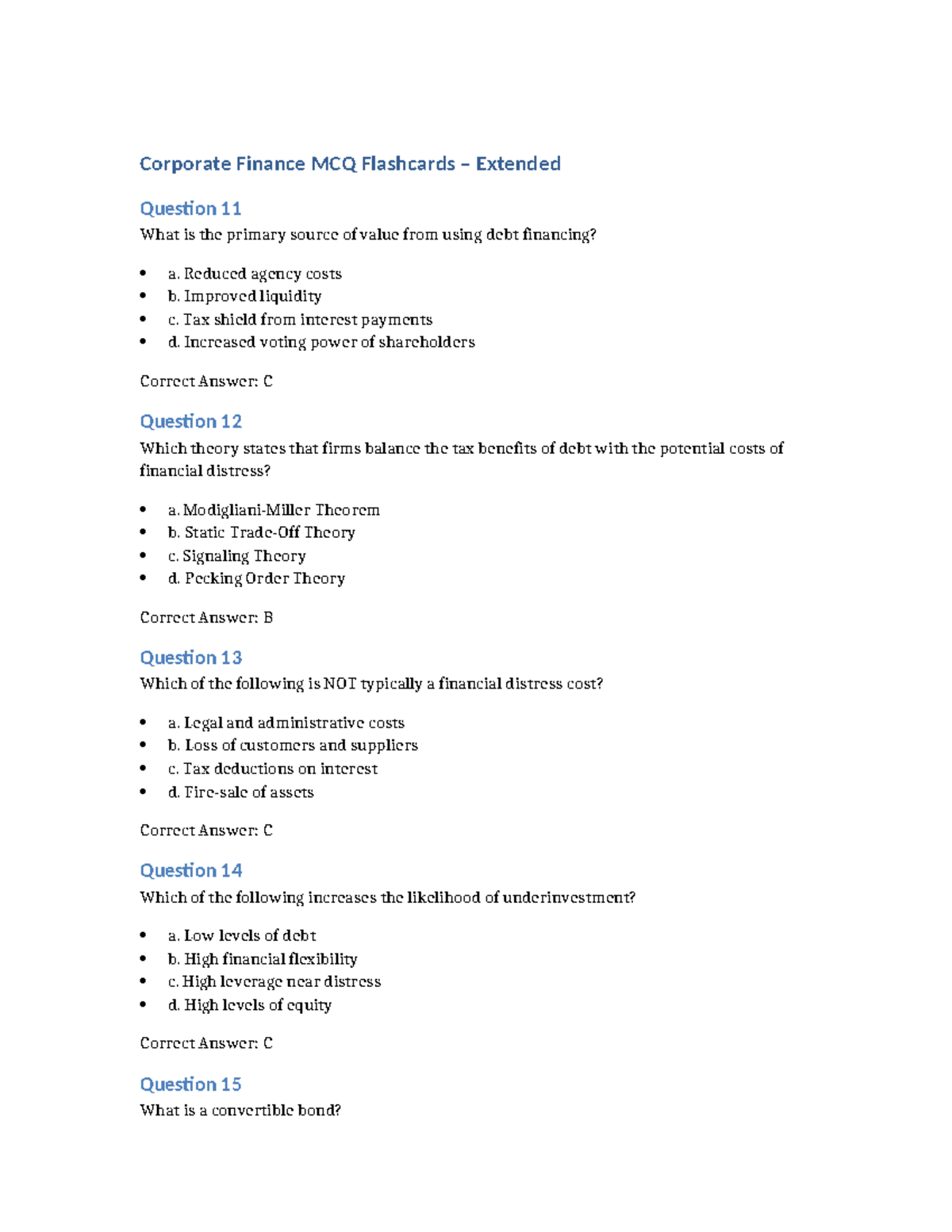 Corporate Finance MCQ Flashcards – Extended Exam Review (FIN 301) - Studocu