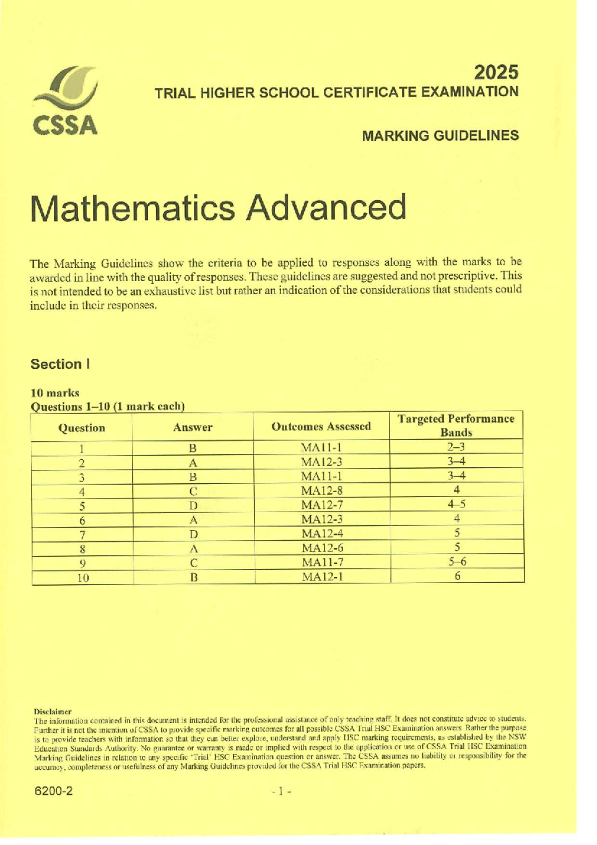 2025 CSSA Mathematics Advanced Trial HSC Exam Marking Guidelines - Studocu
