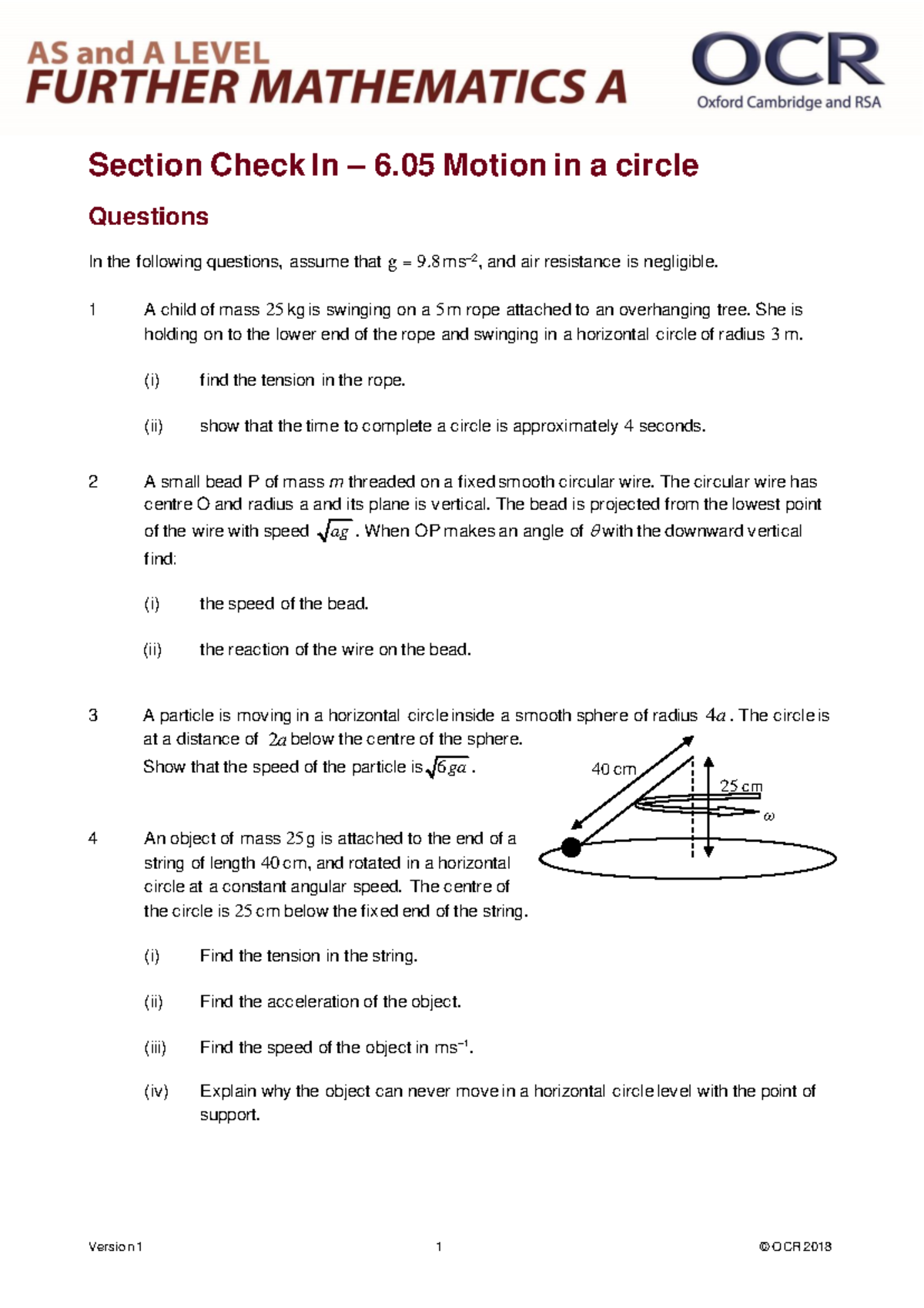 OCR Motion in a Circle Check In Test - Version 1 - Studocu
