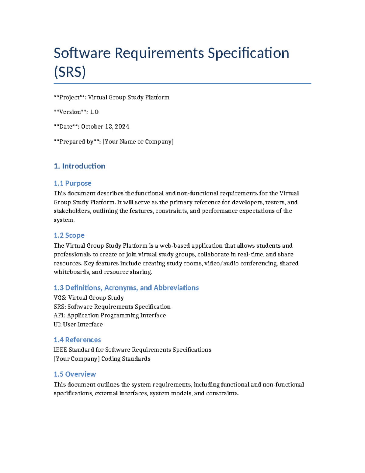 Virtual Group Study Platform SRS Document Overview & Requirements - Studocu