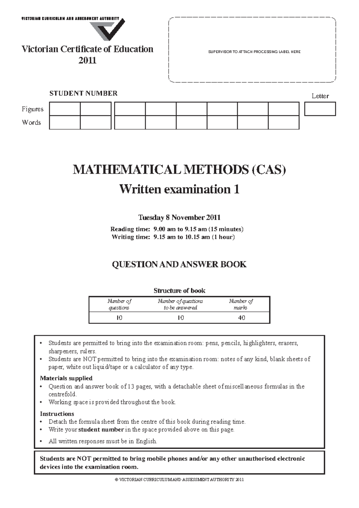 2011 VCAA Mathematical Methods (CAS) Exam 1 - Good Luck! - Studocu