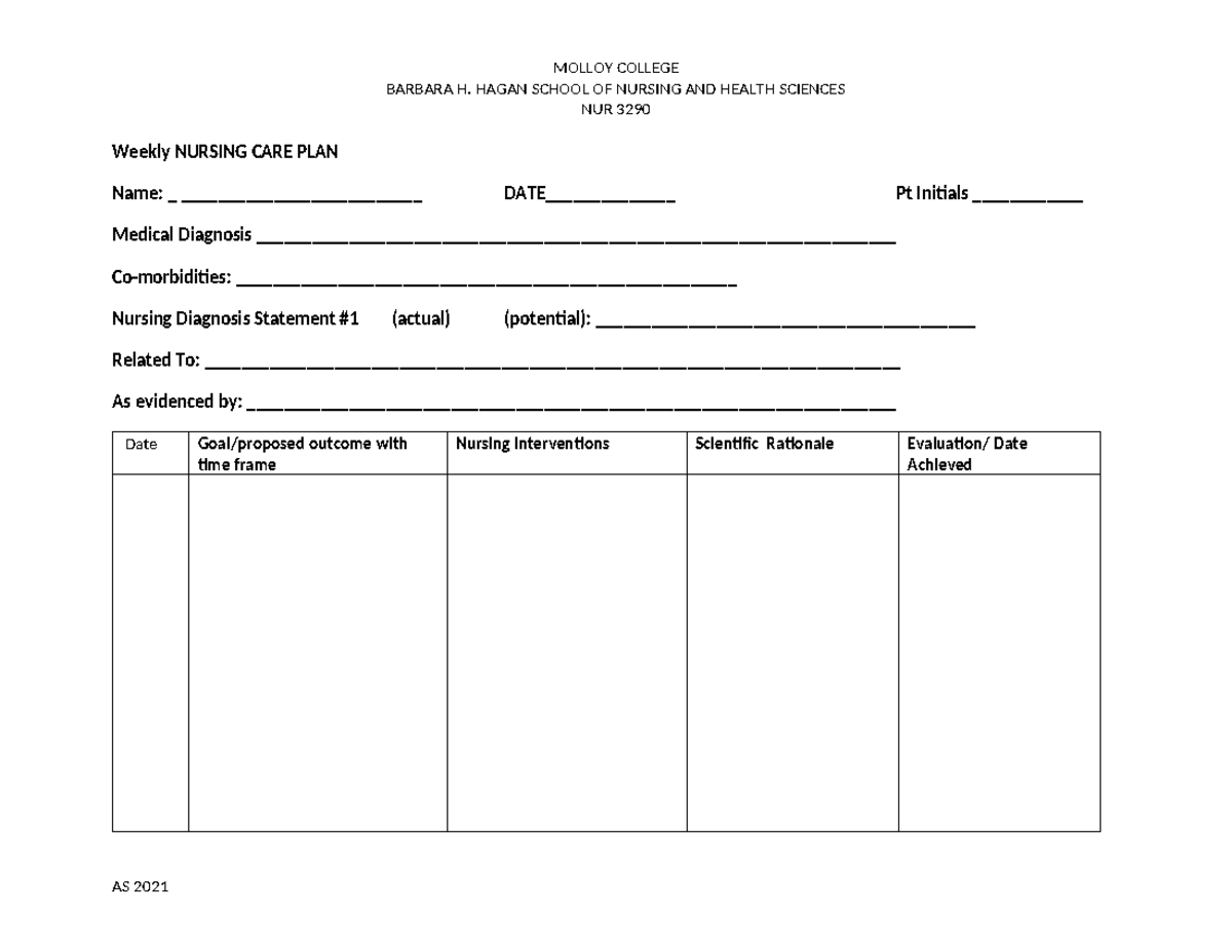 NUR 3290 Weekly Nursing Care Plan Template - Fall 2020 - Studocu