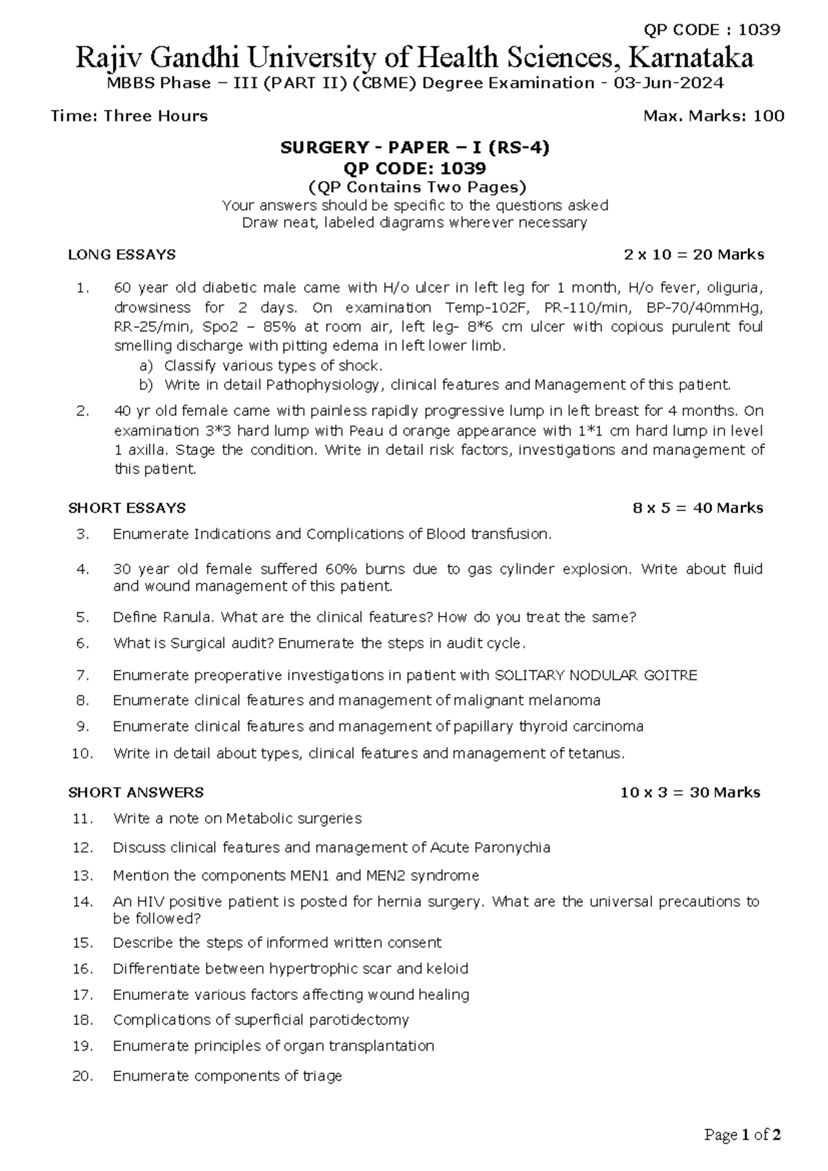 MBBS 1039 - General Surgery Paper I - Exam Questions (MAY-2024) - Studocu