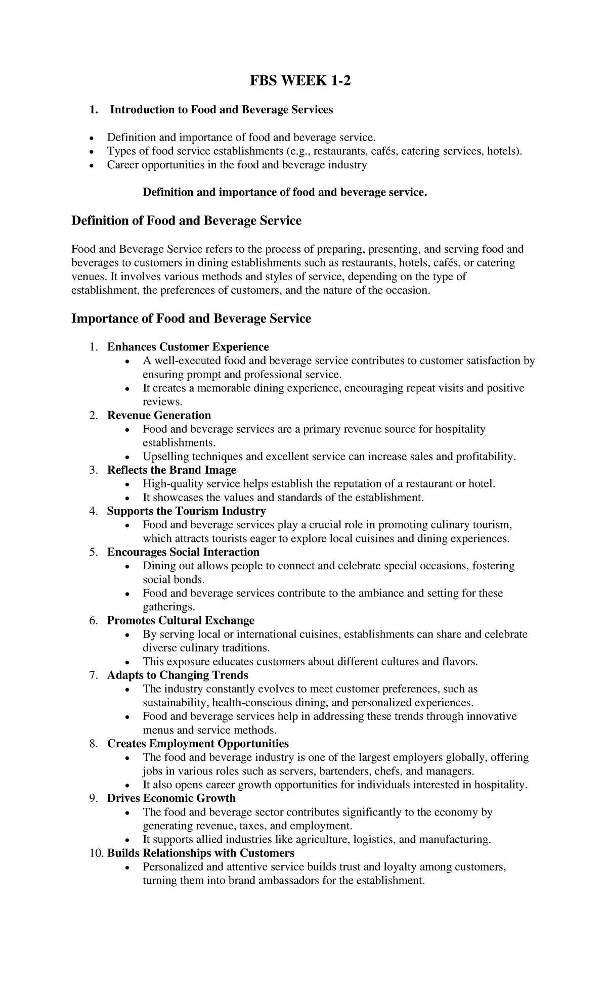 FBS 1 - Overview of Food & Beverage Services and Career Paths - Studocu