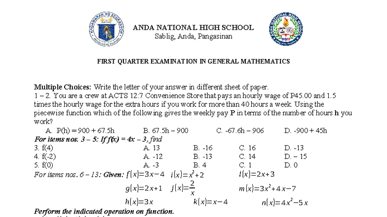 General Mathematics 1st Quarter Exam - Multiple Choice Questions - Studocu