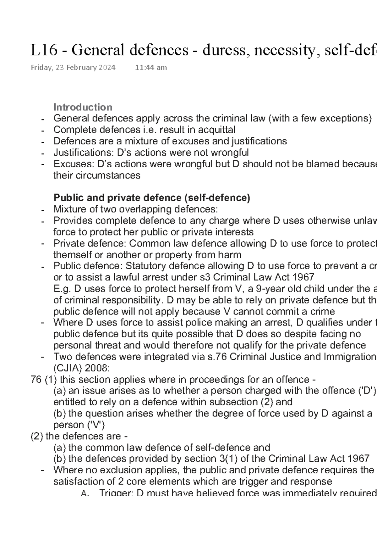 L16 - General Defences in Criminal Law: Duress, Necessity, Self-Defence ...
