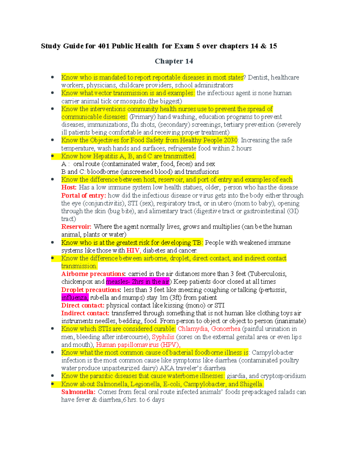 Study Guide for 401 Public Health Final Exam 5: Chapters 14 & 15 - Studocu