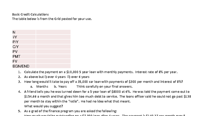 Basic Credit Calculations: Review Questions for Finance 101 - Studocu