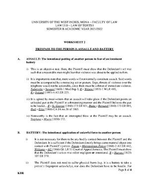 Assault and battery outline TITLE: TORT LAW OUTLINE TOPIC: 2 ASSAULT Assault and battery outline TITLE: TORT LAW OUTLINE TOPIC: 2 ASSAULT