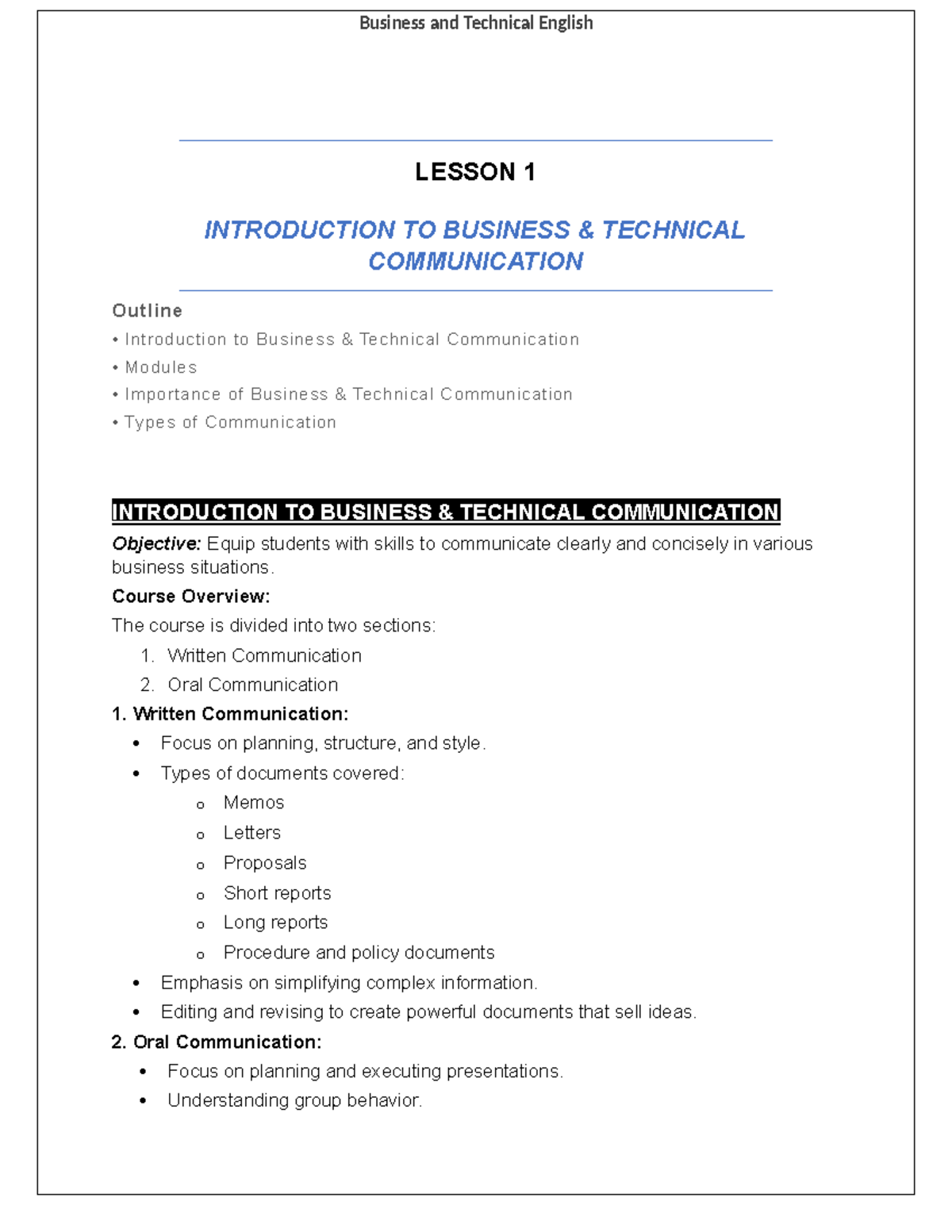 Business & Tech Comm Lecture Notes: Skills for Clear Communication ...