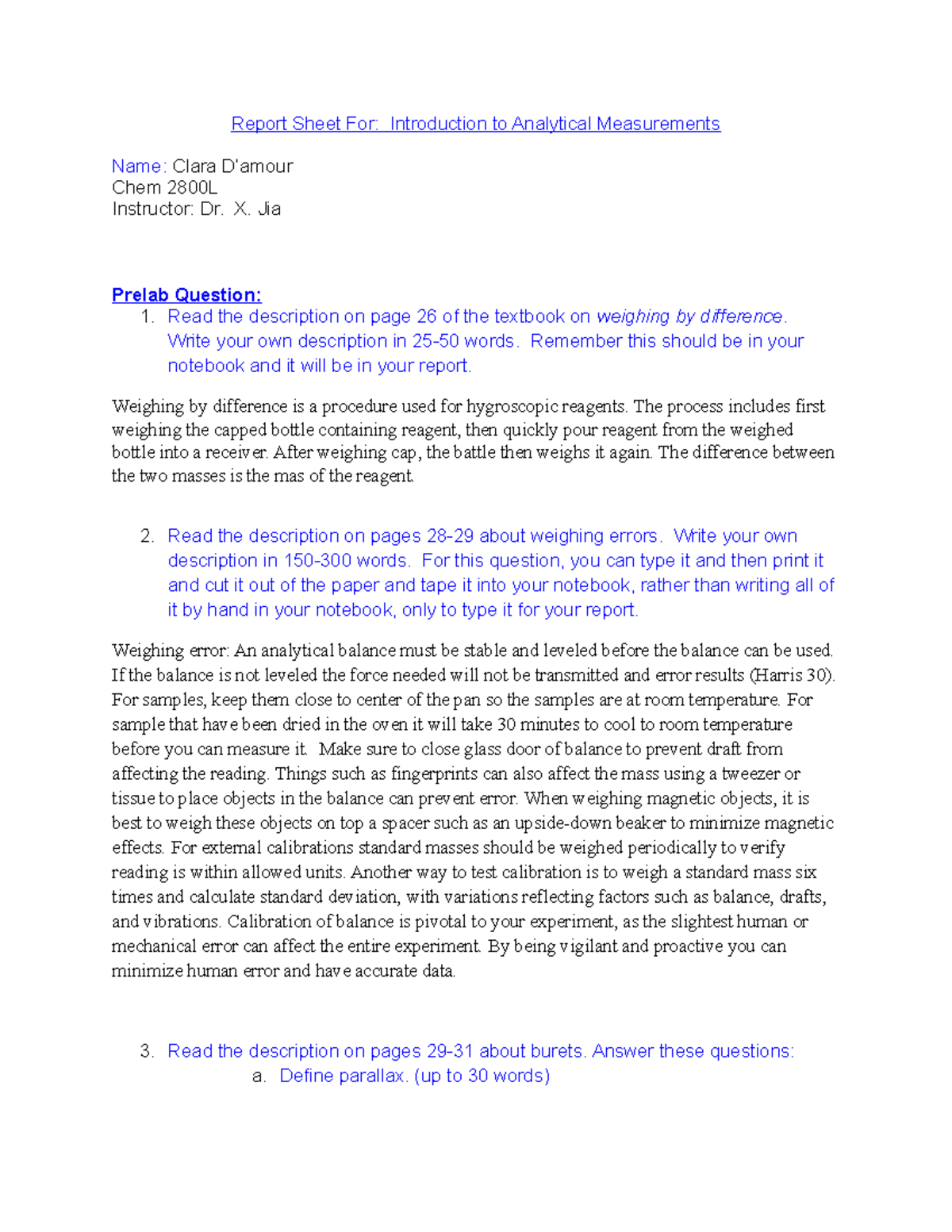 Lab 1 Clara Damour - lab report - Report Sheet For: Introduction to ...