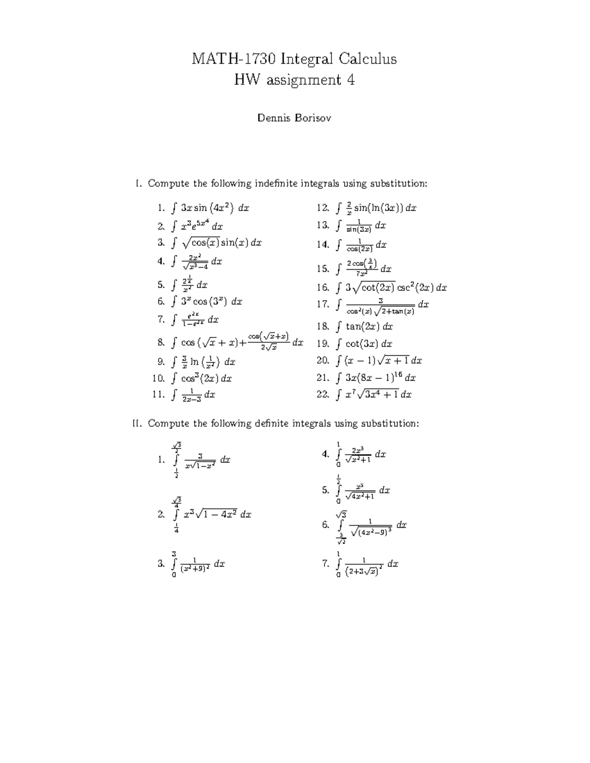 MATH-1730 Integral Calculus HW Assignment 4 Solutions - Studocu