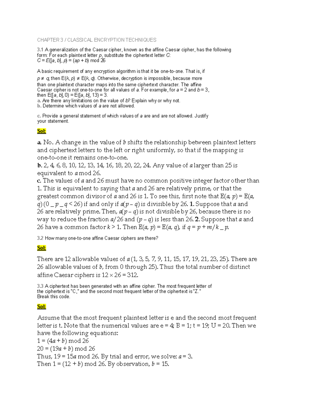 Classical Encryption Techniques: Chapter 3 - Detailed Problems and ...