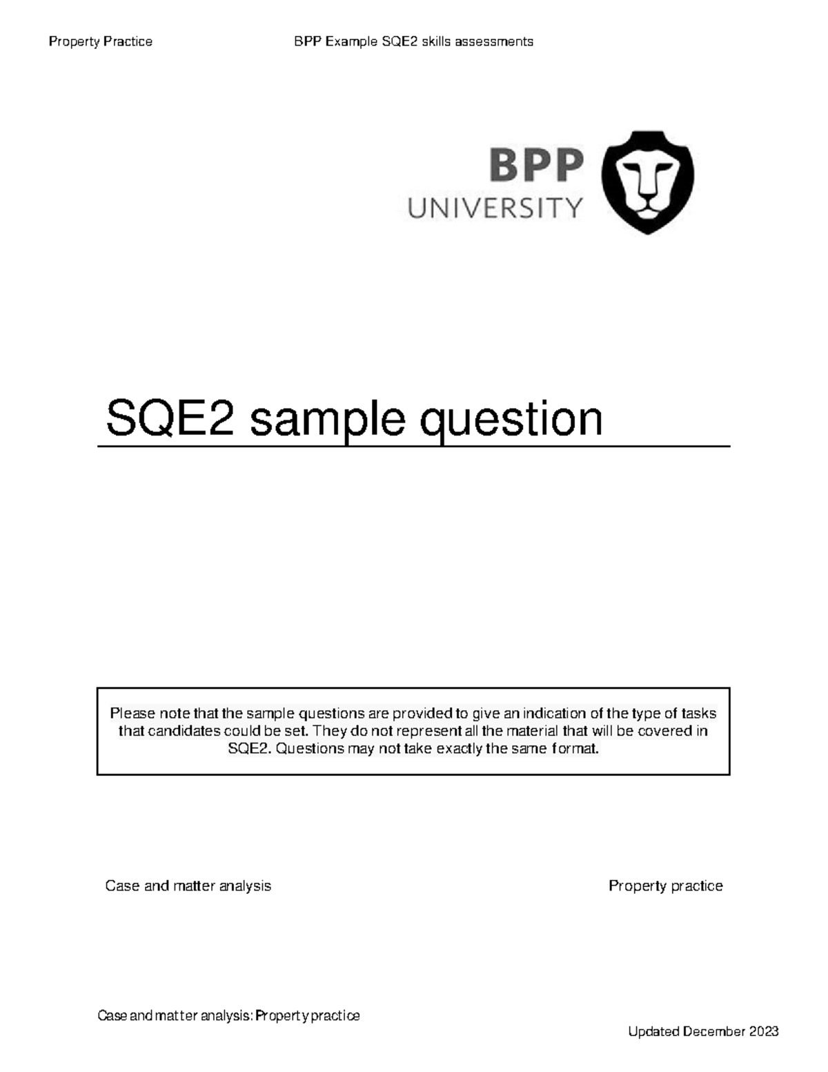 Property Practice BPP Example SQE2 Skills Assessment Mock Question ...