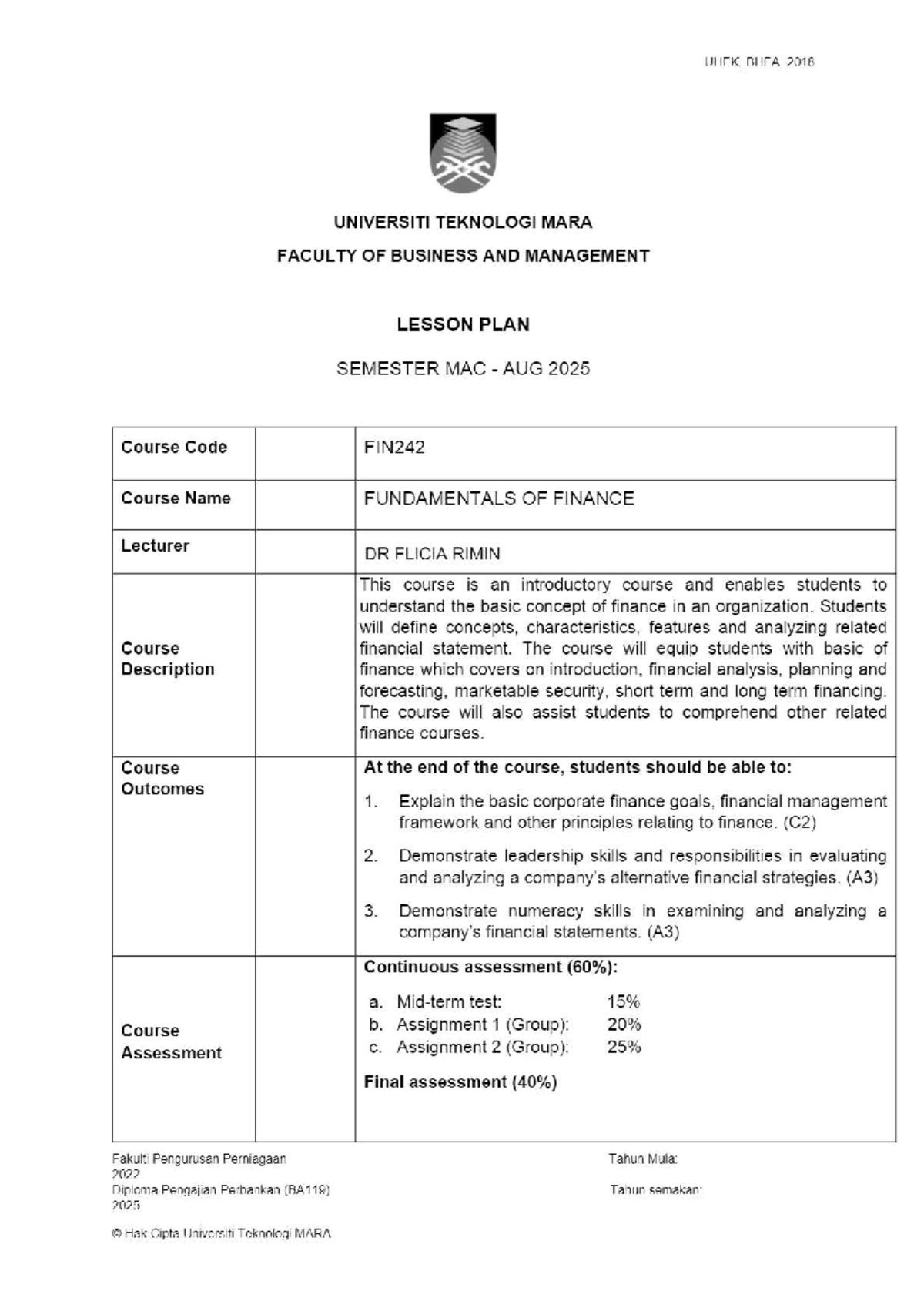 UHEK_BHEA_2018 FIN242 Fundamentals of Finance Lesson Plan for Aug 2025 ...