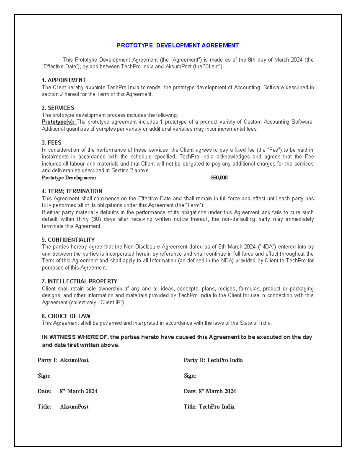 Prototype Development Agreement Sample for Custom Accounting Software ...