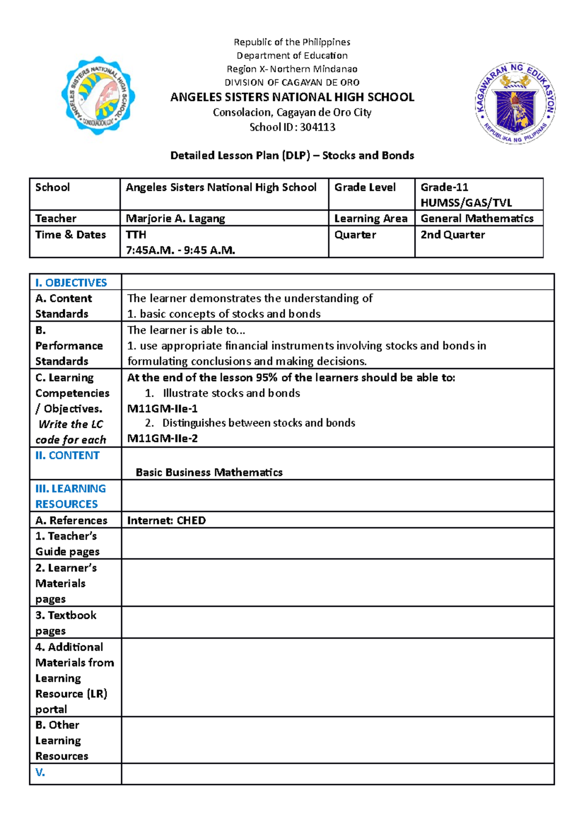 DLP-M11GM-IIe- Stocks and Bonds Detailed Lesson Plan - Studocu