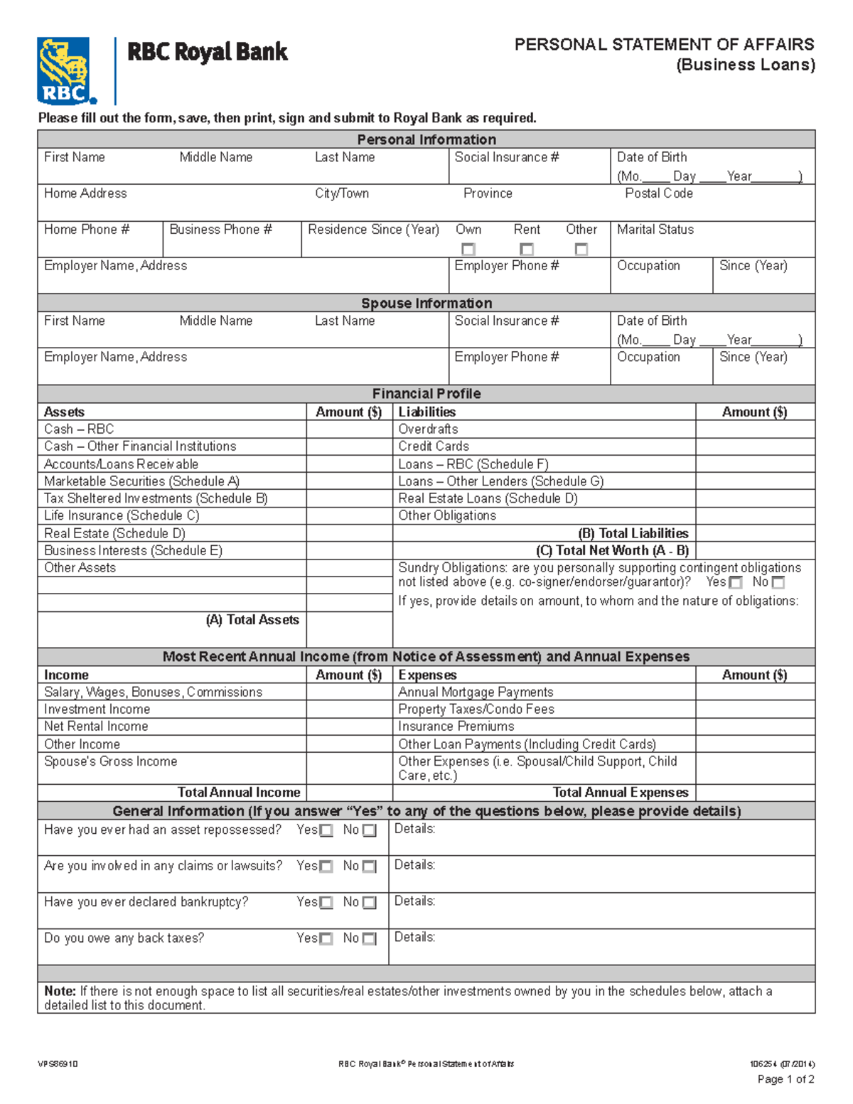 PSOA - Personal Statement of Affairs for Business Loans Example - Studocu