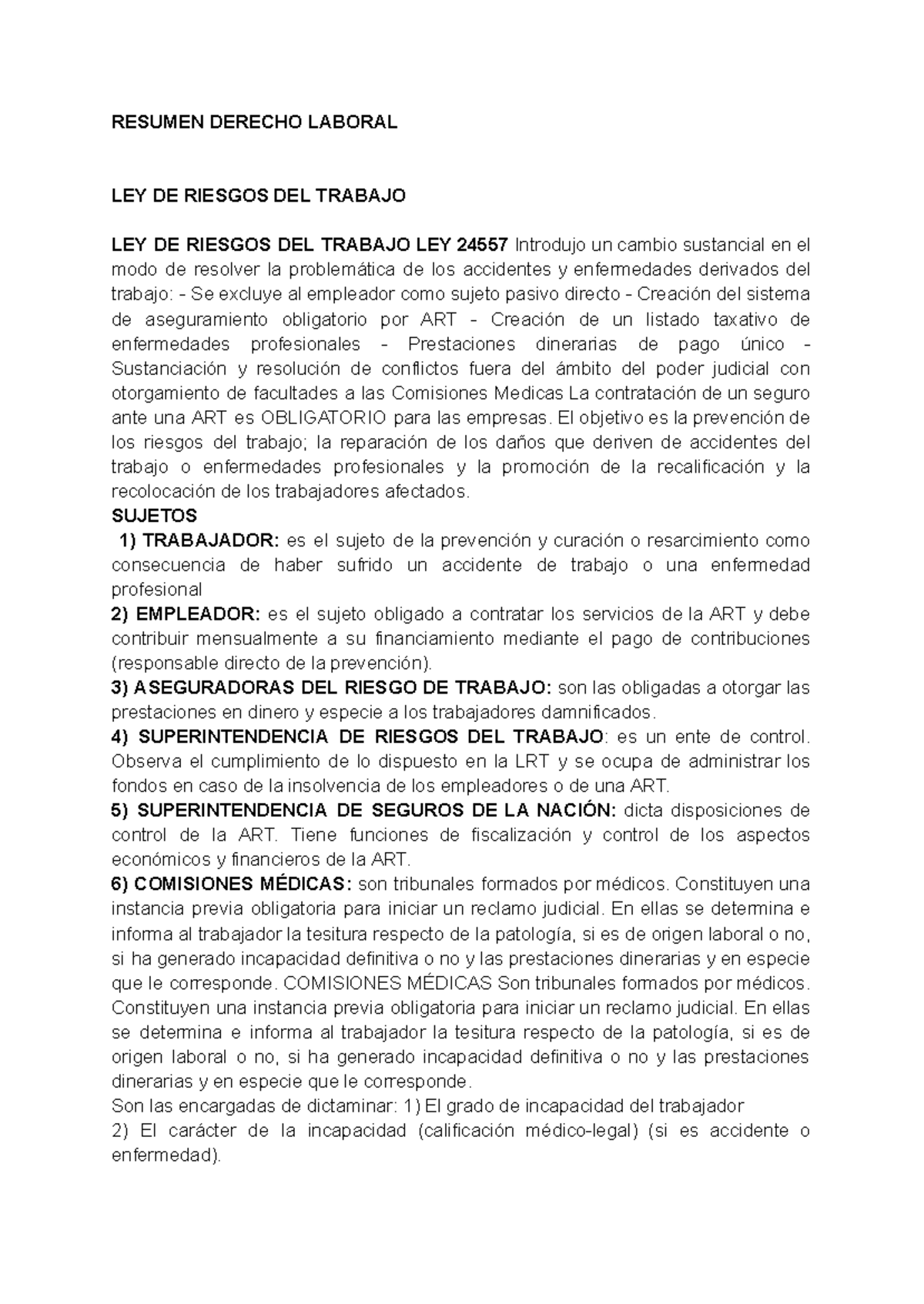 Resumen de la Ley de Riesgos del Trabajo - Derecho Laboral - Studocu
