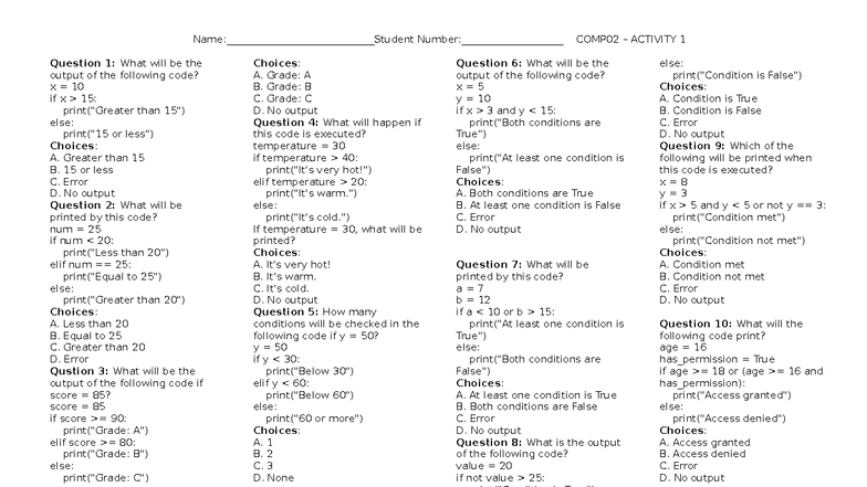 CE1D-Conditional Statements Activity 1: Code Output Questions - Studocu