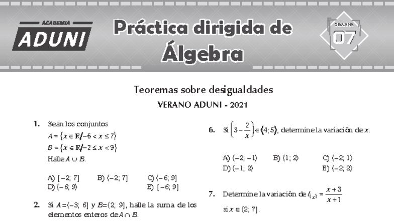 Álgebra SEM 7 - Práctica Dirigida de Verano ADUNI 2021 - Studocu