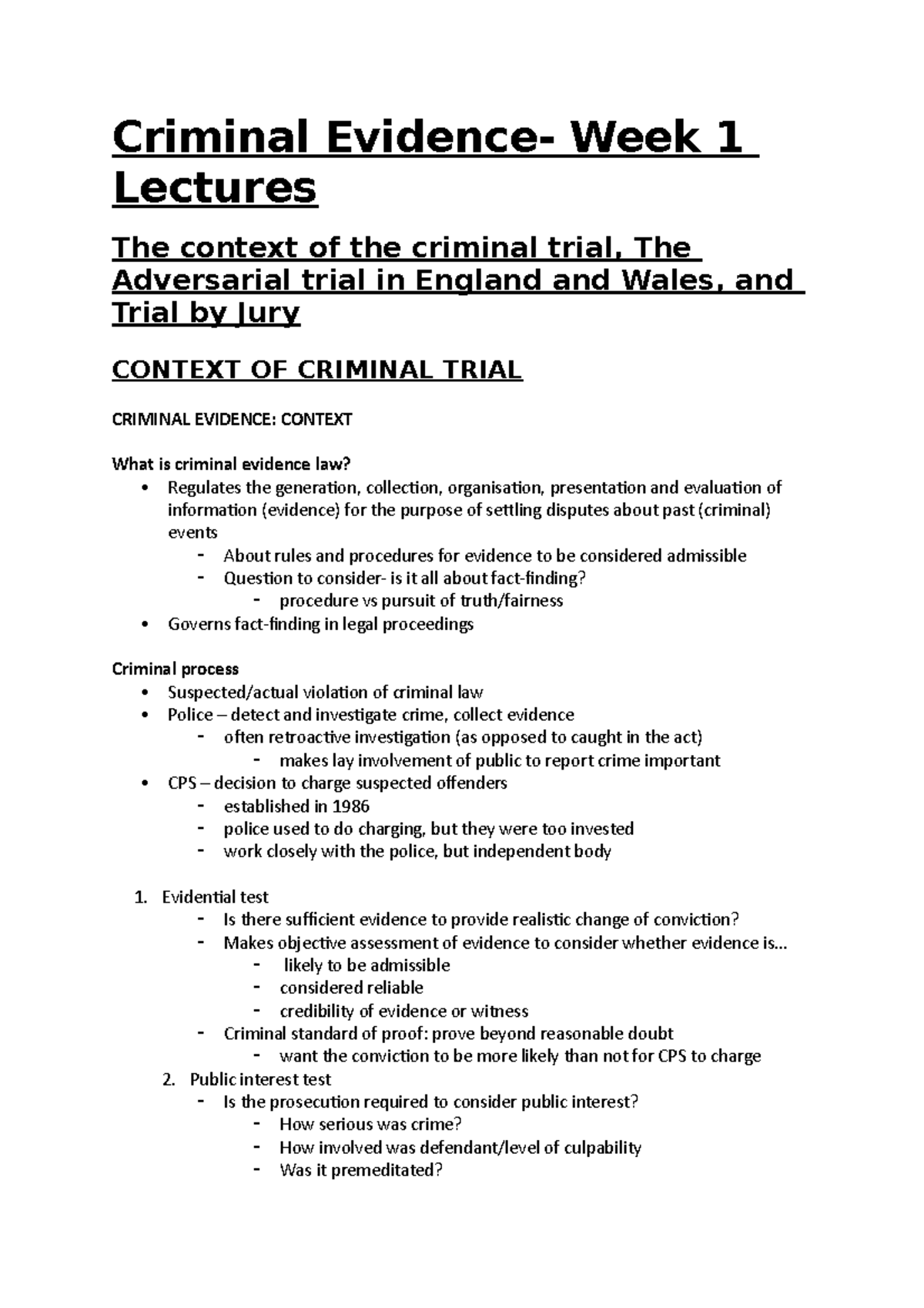 CE Week 1 Lecture notes - Criminal Evidence- Week 1 Lectures The ...