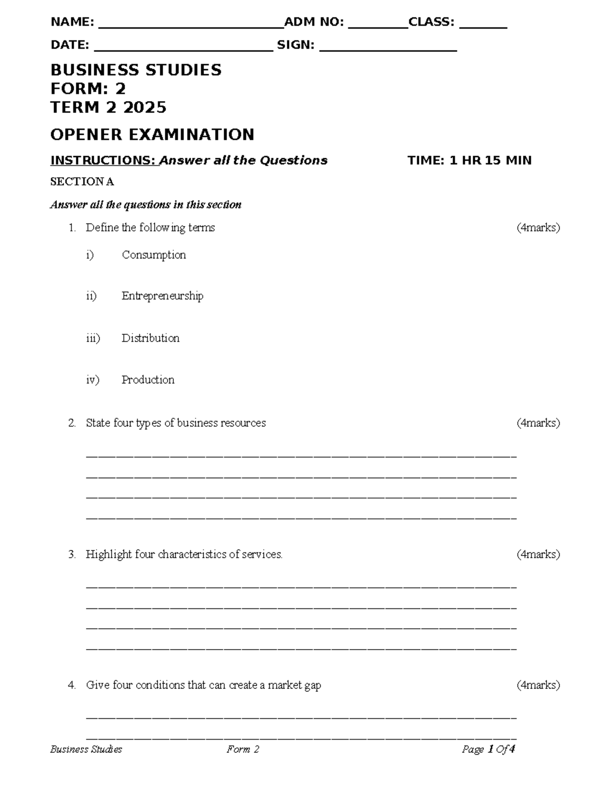 2025 Business Studies F2 Term 2 Opener Exam Questions and Instructions ...