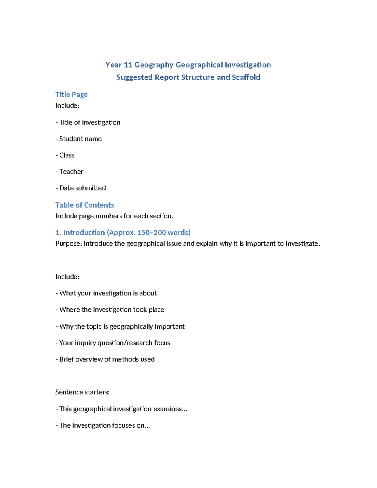 Year 11 Geography Geographical Investigation Report Structure Guide ...