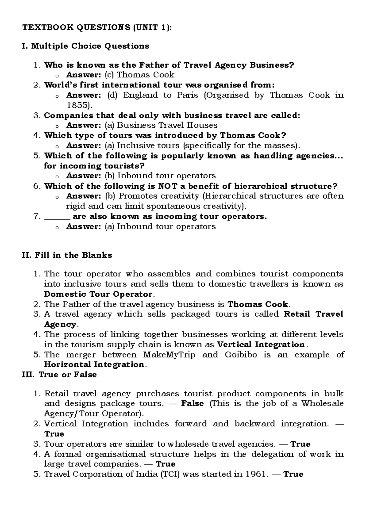 Textbook Questions for Travel Business (UNIT 1) - Studocu