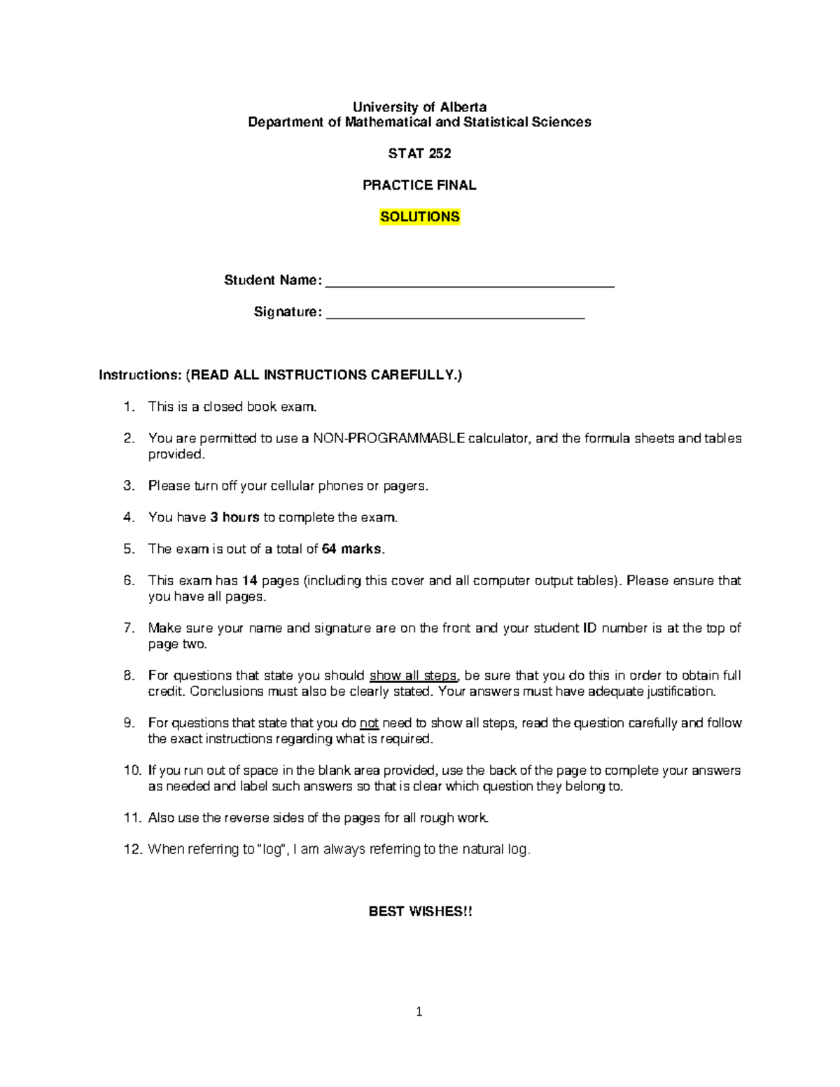 Stat 252-Practice Final Exam Solutions and Explanations - Studocu