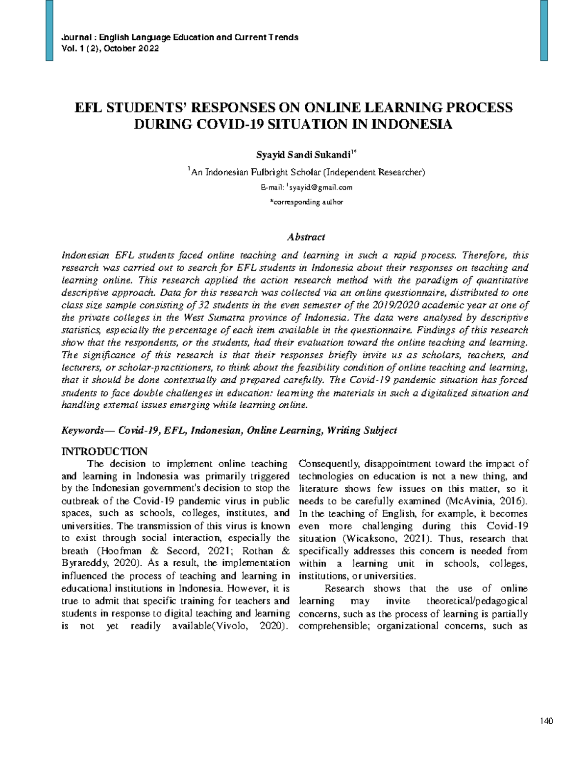 EFL Students' Responses to Online Learning in Indonesia: A Study - Studocu