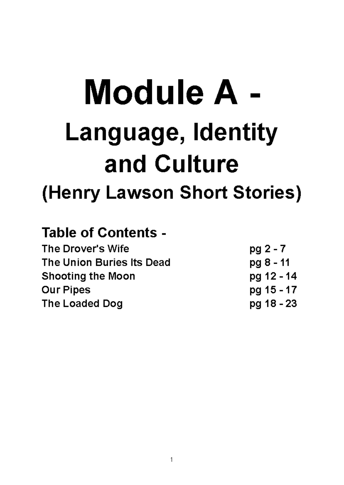 Module A Language, Identity and Culture: Henry Lawson's Short Stories ...